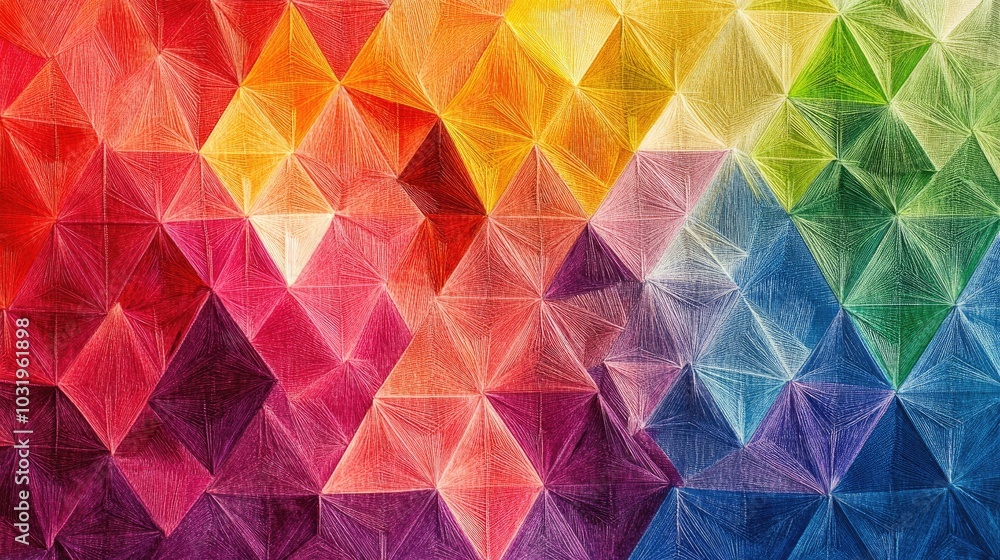 Poster a geometric design with equilateral triangles made of rainbow-colored thread, layered and repeated t