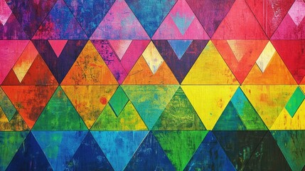 A geometric background filled with layered, rainbow-threaded equilateral triangles, repeated to create a vibrant, dynamic design