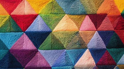 A geometric design with equilateral triangles made of rainbow-colored thread, layered and repeated to fill the entire background with color