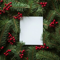 Blank sheet of paper surrounded by festive greenery and red berries for holiday greetings