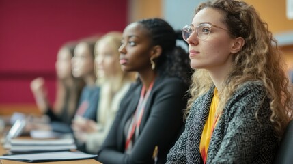 Obraz premium Women in education leading discussions at a university conference, focusing on advancing gender equality in academia
