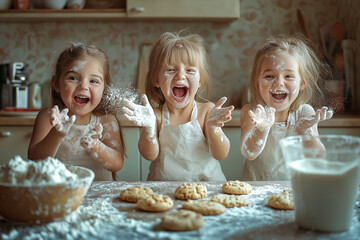 Three young girls are making cookies in a kitchen - Powered by Adobe