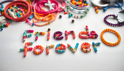 Fototapeta premium Friends forever written with colorful beads. Jewelry making supplies on the table. Making friendship bracelets concept. Selective focus isolated with white highlights, png
