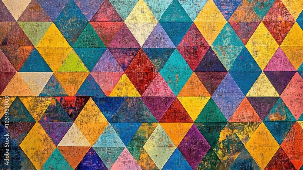 Poster a geometric design with layered equilateral triangles of varying sizes and colors, repeated across t