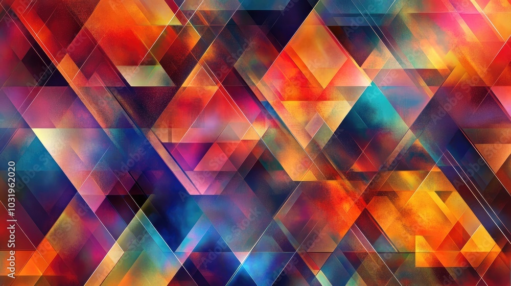 Poster a geometric design with layered equilateral triangles of varying sizes and colors, repeated across t