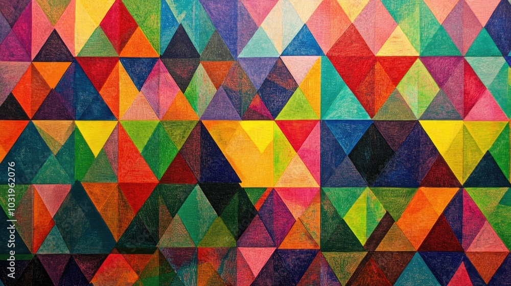 Poster a geometric design with layered equilateral triangles of varying sizes and colors, repeated across t