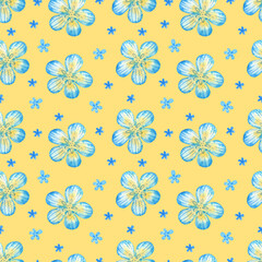 Watercolor pattern with abstract watercolor elements. Blue and yellow textures on a yellow background. Background, design elements. Star, heart, spots, circles, drops, flowers, fish skeleton, texture