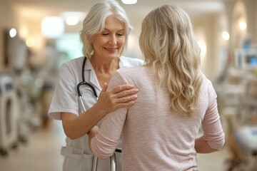 A senior woman using a walker, assisted by a physical therapist in a rehabilitation center. Generative AI