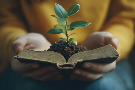 A plant growing from an open book in hands symbolizes knowledge, education, growth, wisdom, sustainability, learning, nature, environment, inspiration, literacy, and future