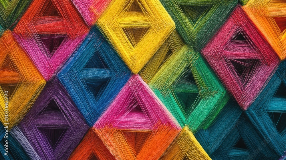 Poster a mesmerizing background of equilateral triangles with rainbow thread sides, layered and repeated to