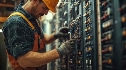 Technician Solving 5G Connection Issues in Data Center Wiring Panel