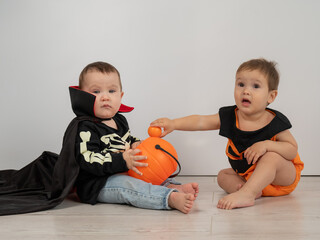 Cute kids celebrate halloween on white background. Two little boys in dracula costume and pumpkin. 