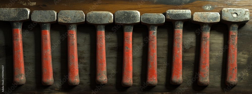Aufkleber identical hammers aligned for construction, tools poised for efficient building, ready for action in