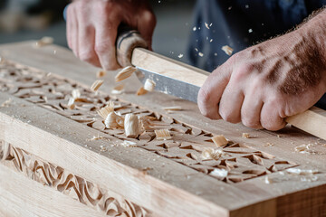 woodworker's hands guiding chisel along intricate pattern on cedar chest lid