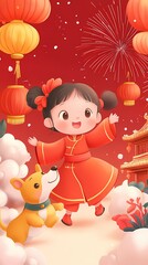 Fototapeta premium Girl in new red dress playing with a puppy