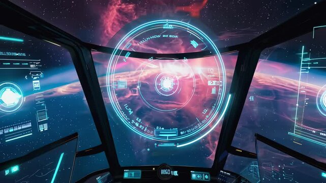 Cockpit view of a futuristic spaceship, displaying advanced holographic interface with AI-controlled systems. Nebulae and space scenery in the background create a visually immersive scene with soft