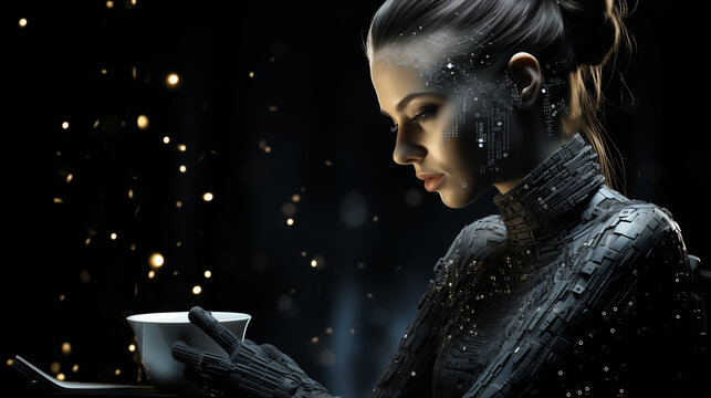 Retro ASCII art illustration of figure enjoying coffee with nostalgic computer aesthetic
