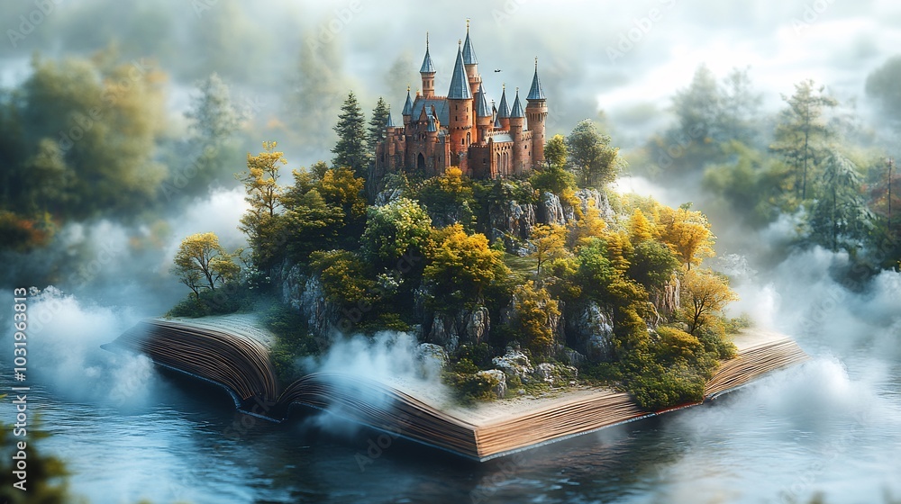 Poster detailed 3d rendering of a fantasy kingdom with a castle popping out of an open book with vibrant co