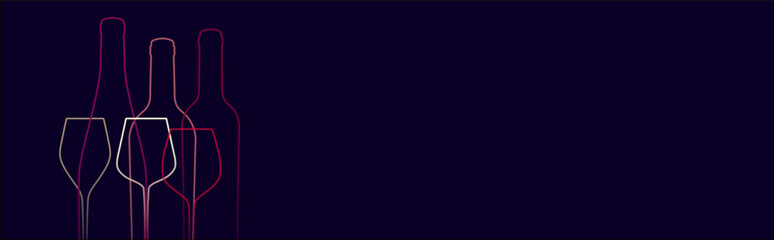 Horizontal banner template with silhouette drawing of wine glasses and bottles. Vector illustration