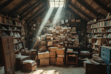 A cluttered attic filled with bulky waste and a wide variety of old, forgotten items. Generative AI