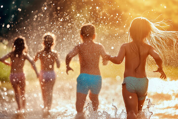 A group of children are playing in the water, splashing and running around