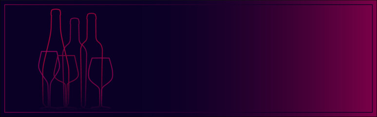 Horizontal banner template with silhouette drawing of wine glasses and bottles. Vector illustration