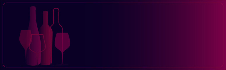 Horizontal banner template with silhouette drawing of wine glasses and bottles. Vector illustration