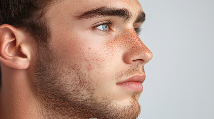 Obraz premium Closeup man face with red pimples, inflammation on face and problem skin. Acne, rosacea and couperose therapy. Facial treatment skincare routine and hygiene Cosmetic and beauty banner with copy space