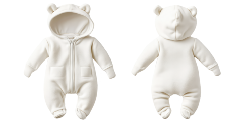 White Infant baby Bodysuit romper playsuit jumpsuit creeper front and back view. Blank mockup design on transparent cutout background, PNG file. Mockup clipart template