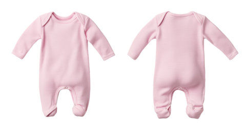 Pink Infant baby Bodysuit romper playsuit jumpsuit creeper front and back view. Blank mockup design on transparent cutout background, PNG file. Mockup clipart template