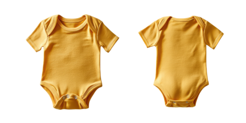 Yellow Infant baby Bodysuit romper playsuit jumpsuit creeper front and back view. Blank mockup design on transparent cutout background, PNG file. Mockup clipart template