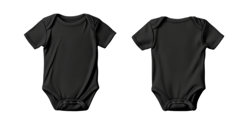Black Infant baby Bodysuit romper playsuit jumpsuit creeper front and back view. Blank mockup design on transparent cutout background, PNG file. Mockup clipart template