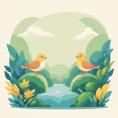 Naklejka premium Birds on Rocks by Stream 