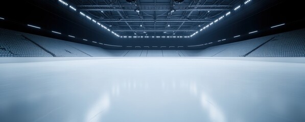 Large, empty ice rink, arena with smooth, white ice, illuminated by bright lights overhead.