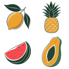 Four different fruits are shown in the image, including a watermelon, a lemon