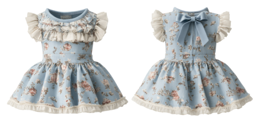 Blue infant baby cute dress front and back view. Blank mockup design on transparent cutout background PNG file. Mockup clipart template