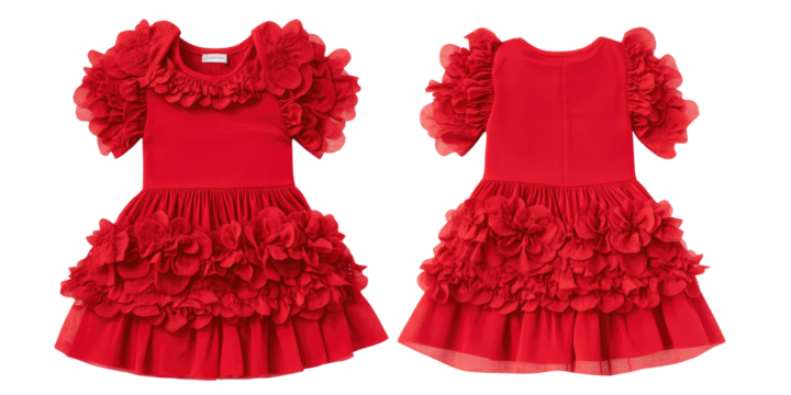 Red infant baby cute dress front and back view. Blank mockup design on transparent cutout background, PNG file. Mockup clipart template