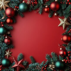 Decorative holiday wreath with colorful ornaments and festive accents on a red background