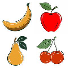 Four different fruits are shown in the image, including a banana, an apple