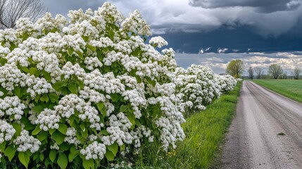 Fototapeta premium Vibrant Springtime Scene with Blooming Shrubs and Stormy Skies