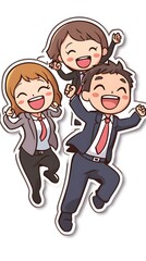 A cartoon sticker of three office workers, one male and two females, all wearing business attire and smiling while running with excitement