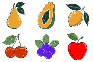 A set of fruit illustrations, including apples, cherries, and pears
