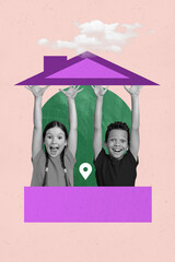 Vertical collage picture young kids home new house relocation siblings brother sister gps location...