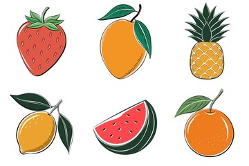 A set of six fruit images, including a watermelon, a strawberry, a pineapple
