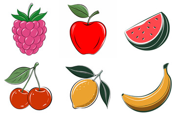 A set of six fruit images, including cherries, apples, bananas, and watermelons