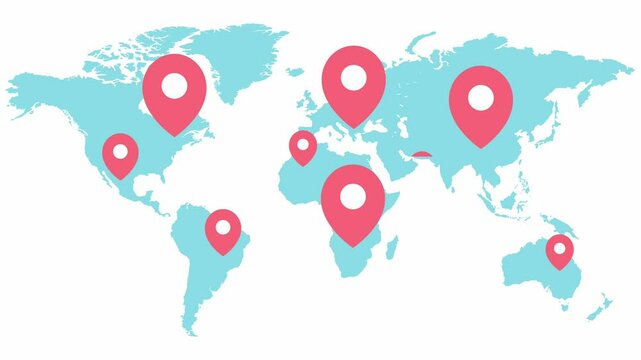 Pinned map in around the world animated footage in a white background