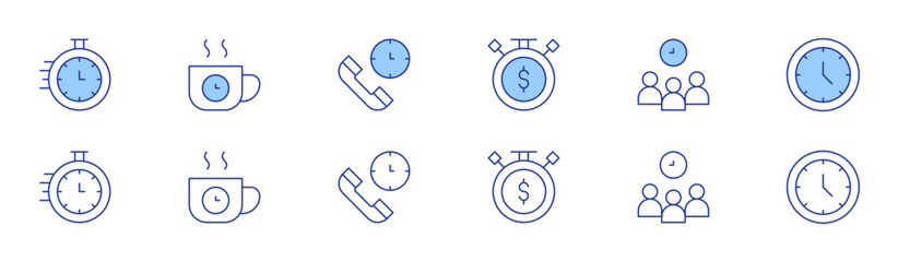 Time icon set in two styles, Duotone and Thin Line style. Editable stroke. deadline, sale time, teamwork, break time, clock, customer service