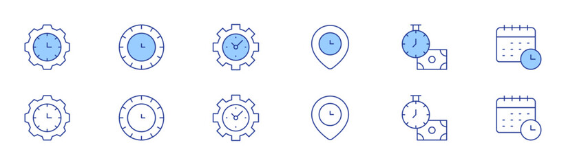 Time icon set in two styles, Duotone and Thin Line style. Editable stroke. clock, time management, time zone, schedule