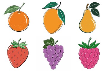 A set of fruit illustrations, including oranges, pears, and grapes