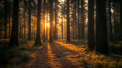 Obraz premium Golden Hour Sunlight Through Forest Trees Woodland Path Nature Background